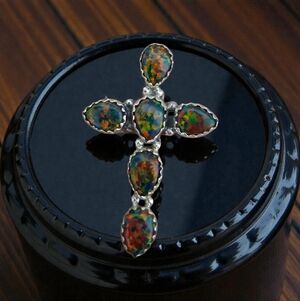 BLACK AURORA OPAL CROSS RING 925 STERLING SILVER SIZE 6 3/4